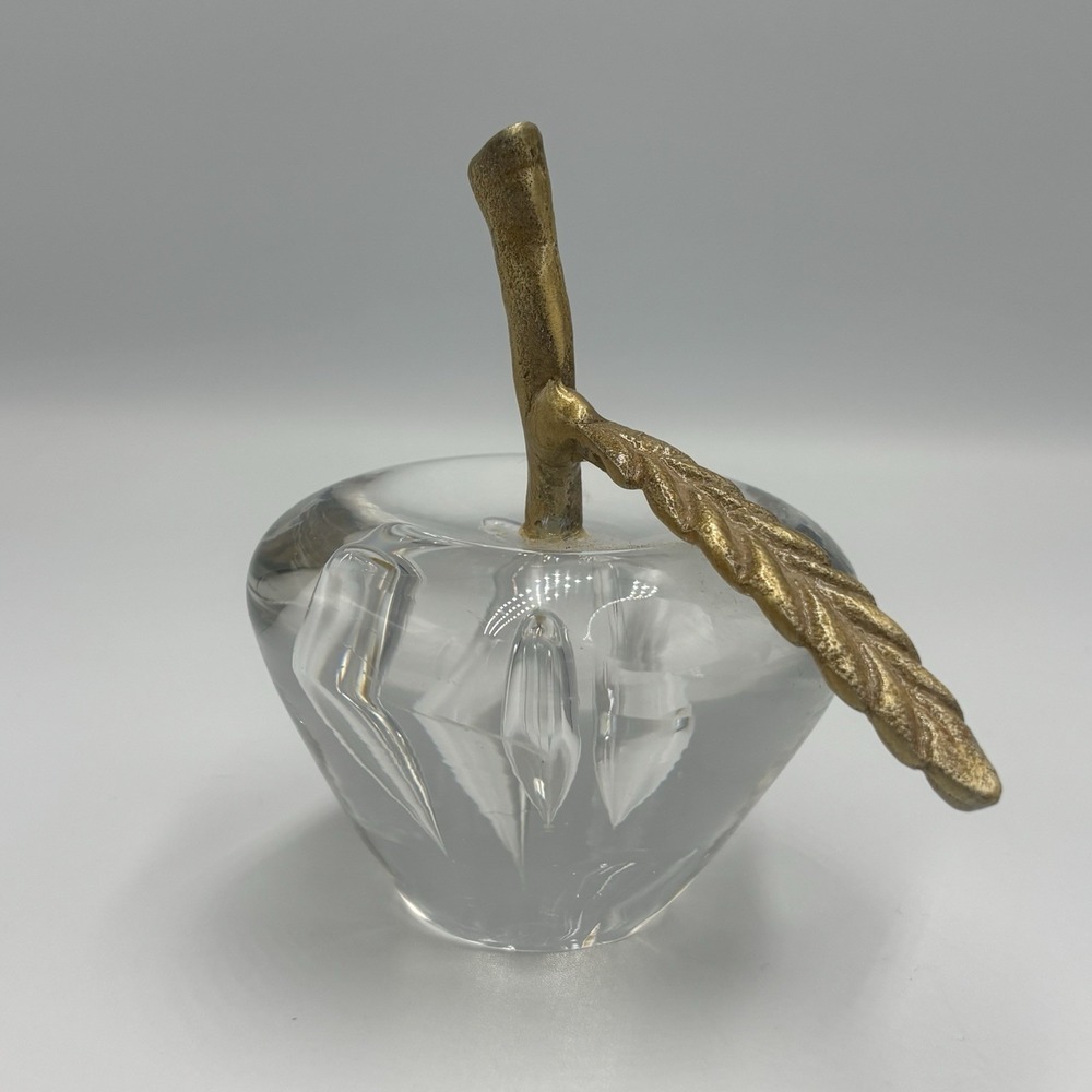 Vintage Art Glass Apple Shaped Paperweight Bubbled Glass MCM Brass Leaf Stem